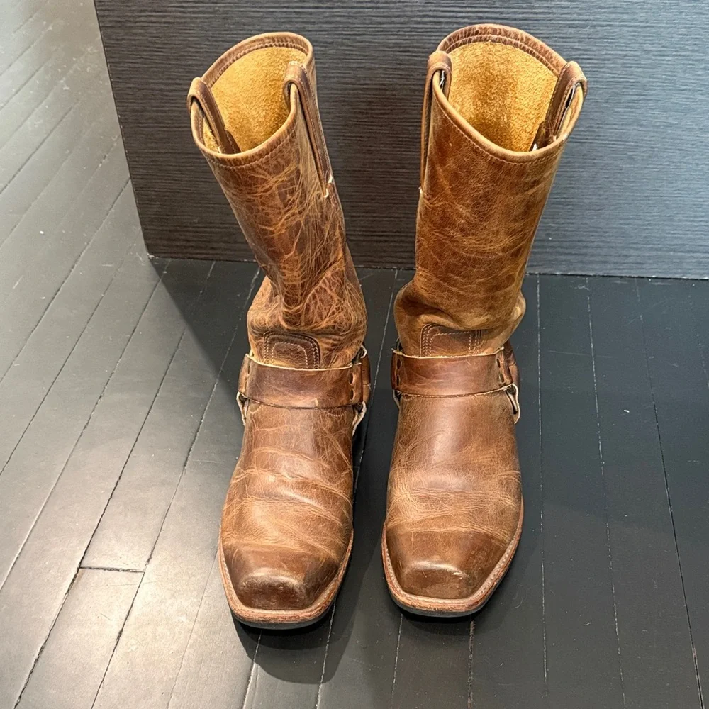 Frye Brown Leather Harness Cowboy Boots MENS SIZE 11 - Picture 1 of 11